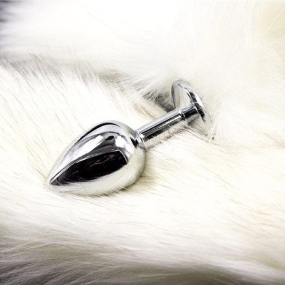 Korek analny z lisim ogonem Long Fox Tail 7x3 cm stalowy biały - 1 2