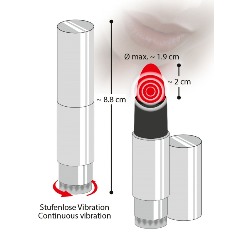 Wibrator Kiss Me Lipstick Vibe – stylizowany na szminkę, miękka końcówka, bezstopniowa regulacja drgań, długość 8,7 cm, średnica - 5