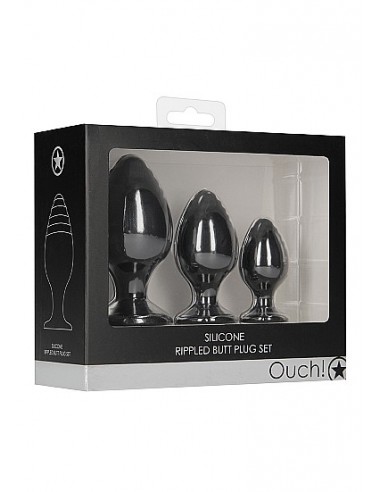 Rippled Butt Plug Set - Black - Korki analne silikonowe - 2