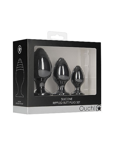 Rippled Butt Plug Set - Black - Korki analne silikonowe - 2