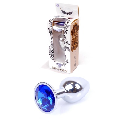 Biżuteria analna Dark Silver PLUG - korek analny ze stali nierdzewnej z niebieskim kamieniem i szeroką podstawą, długość 7 cm, ś - 19