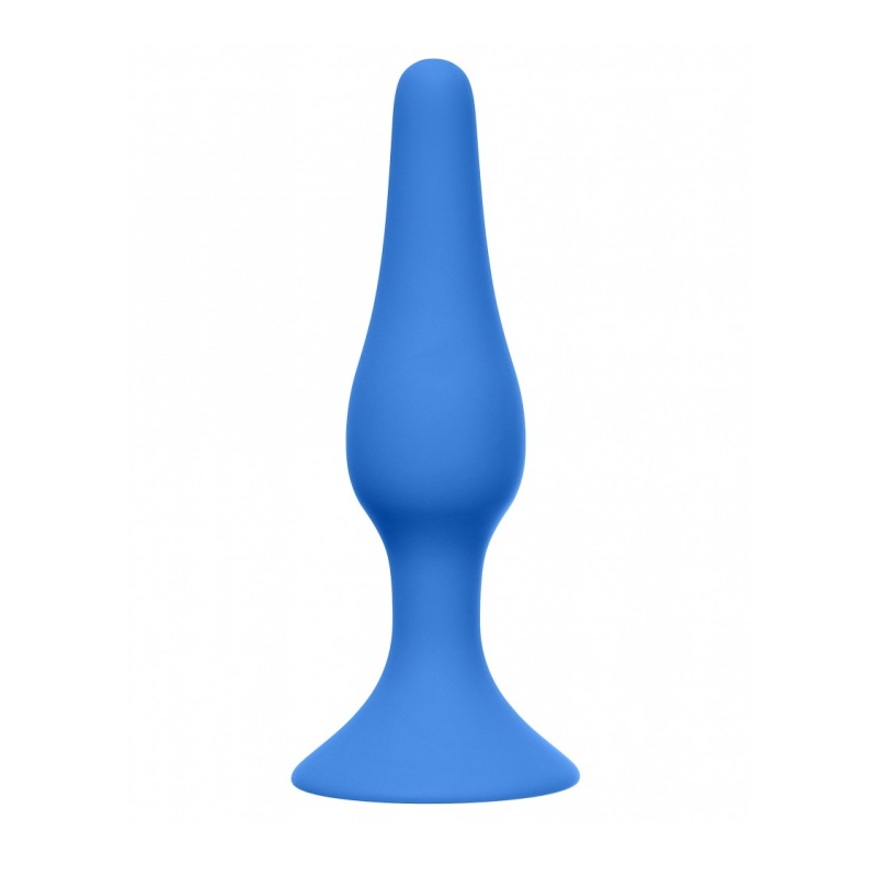 Korek analny Plug-Slim Small Blue - silikon medyczny, wąska końcówka z przyssawką, 10,5 cm - 2