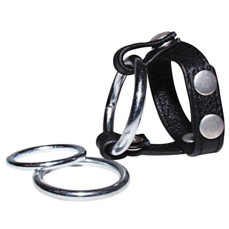 Regulowany pas na penisa i jądra Leather Strap – 3 wymienne metalowe pierścienie 3–3,8 cm, zapięcie zatrzaskowe - 2