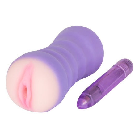 Masturbator Purple TPR Pussy – rozciągliwy, żebrowany kanał 1 cm z mini wibratorem 5 trybów, długość 14 cm - 2