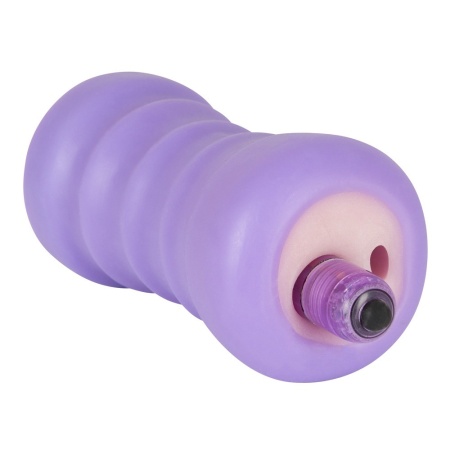 Masturbator Purple TPR Pussy – rozciągliwy, żebrowany kanał 1 cm z mini wibratorem 5 trybów, długość 14 cm - 4