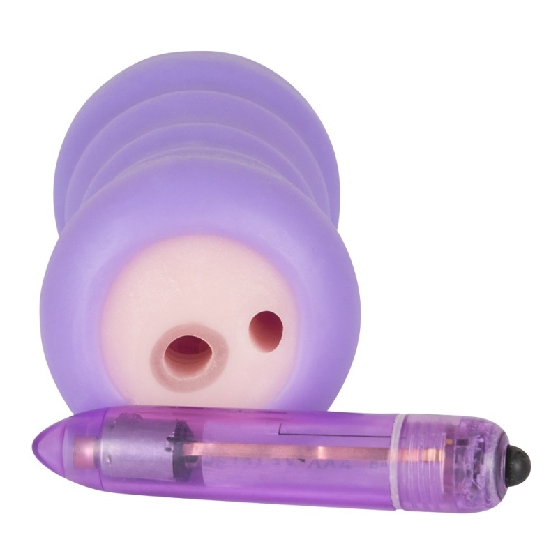 Masturbator Purple TPR Pussy – rozciągliwy, żebrowany kanał 1 cm z mini wibratorem 5 trybów, długość 14 cm - 5