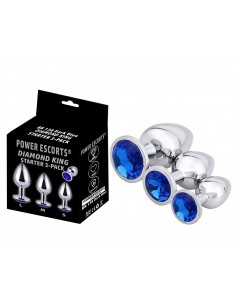 Power Escorts - BR138 - Diamond King Starter 3-Pack - S, M, L - Silver/Dark Blue Stone - Zestawy Korków Analnych - 1