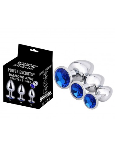 Power Escorts - BR138 - Diamond King Starter 3-Pack - S, M, L - Silver/Dark Blue Stone - Zestawy Korków Analnych - 1