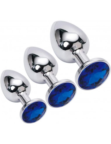 Power Escorts - BR138 - Diamond King Starter 3-Pack - S, M, L - Silver/Dark Blue Stone - Zestawy Korków Analnych - 9