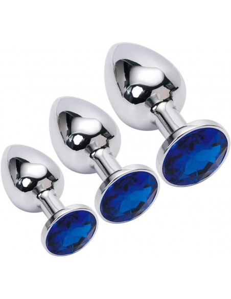 Power Escorts - BR138 - Diamond King Starter 3-Pack - S, M, L - Silver/Dark Blue Stone - Zestawy Korków Analnych - 9