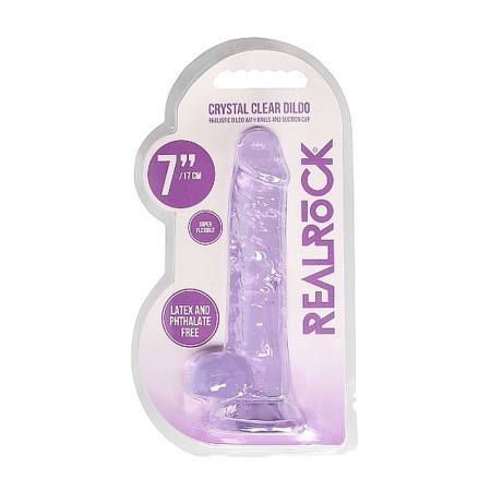 Realistyczne dildo CRYSTAL CLEAR z jądrami i przyssawką, 19 cm, fioletowe - 2