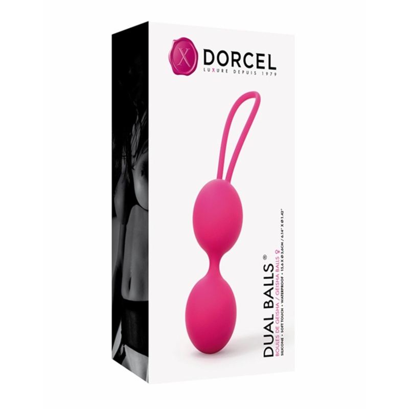 Kulki gejszy DUAL BALLS MAGENTA - podwójne kulki silikonowe z pętlą do usuwania, długość 15,6 cm - 2
