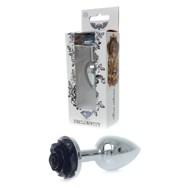 Korek analny Silver ROSE Black - stal nierdzewna, róża u podstawy, długość 7 cm - 1