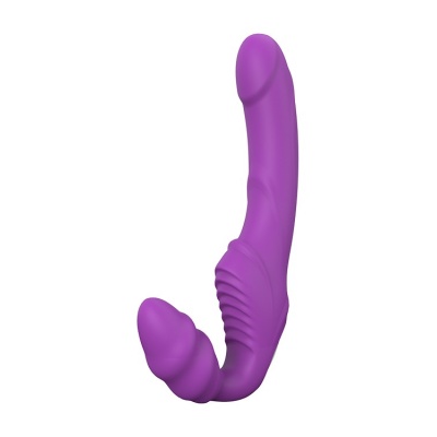 Strap-on bez ramiączek Double Dipper Purple - dwukońcowa budowa, 2 silniki, 9 wzorców wibracji, wymiary na opakowaniu - 1