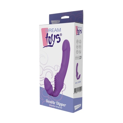 Strap-on bez ramiączek Double Dipper Purple - dwukońcowa budowa, 2 silniki, 9 wzorców wibracji, wymiary na opakowaniu - 1 2