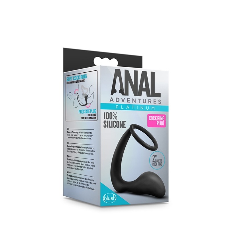 Korek analny z pierścieniem erekcyjnym Anal Adventures Cock Ring Plug Black - silikon platynowy, masaż prostaty, 10,5 cm - 6