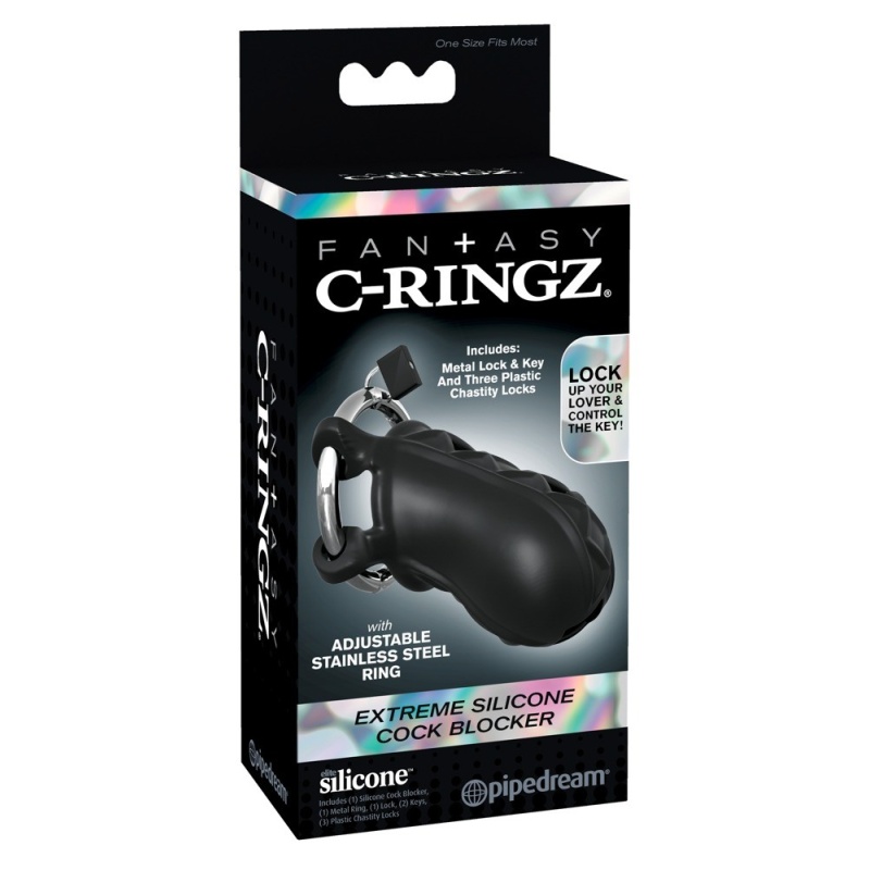 Klatka na penisa FCR Extreme Silicone Cock Bloc – regulowany pierścień, metalowy zamek, długość 9,5 cm - 1