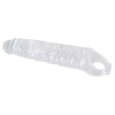 Rękaw na penisa Crystal Clear Penis Sleeve z pierścieniem na jądra, przezroczysty TPE, długość całkowita 27,8 cm - 1 2
