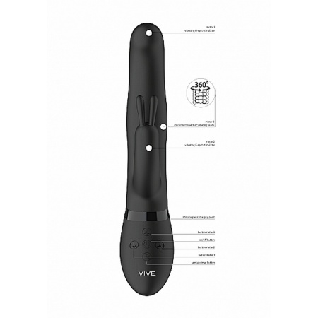 Wibrator typu królik Izara Rotating Beads Rabbit Black - obrotowe kulki 360°, 3 silniki, długość 22 cm, średnica 3,3 cm - 3