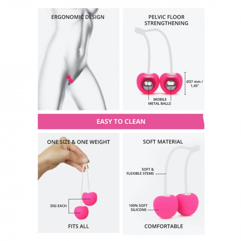 Kulki gejszy Cherry Love Danger Pink - silikonowe kulki dopochwowe z wewnętrznymi metalowymi kulkami, trzonem 12 cm i średnicą 3 - 4