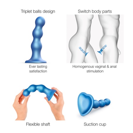 Dildo Plug Balls Metallic Blue S - potrójne kulki na elastycznym wale, silikon i przyssawka, rozmiar S - 3