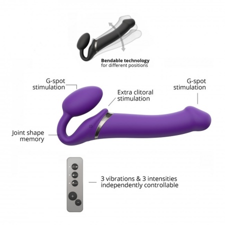 Wibrator Strap-On bez Uprzęży, Rozmiar L, Fioletowy - Silikon, 3 Silniki, Konstrukcja Elastyczna, 15,8 cm Długości Wkładalnej - 5