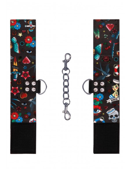Printed Ankle Cuffs - Old School Tattoo Style - Black - Kajdanki erotyczne - 3