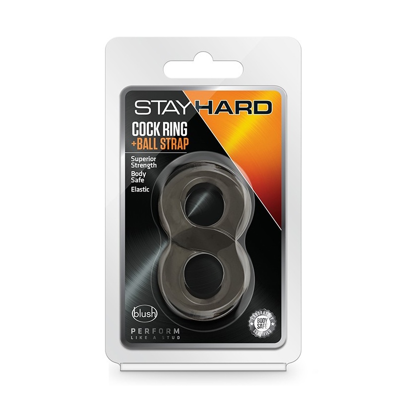 Pierścień na penisa i jądra Stay Hard Cock Ring and Ball Strap - konstrukcja typu 8, średnica wewnętrzna 1,7 cm, grubość ścianki - 5