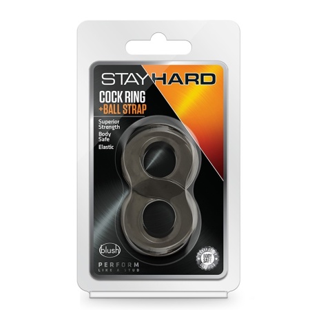 Pierścień na penisa i jądra Stay Hard Cock Ring and Ball Strap - konstrukcja typu 8, średnica wewnętrzna 1,7 cm, grubość ścianki - 5