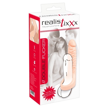 Nakładka na penisa z dildo Realistixxx Double Fucker – pierścień na jądra 4 cm, dildo 18 cm, średnica 3,1–4,5 cm - 1