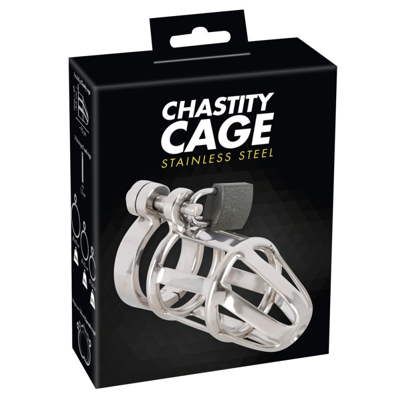 Klatka na penisa Chastity Cage Stainless Steel – stal nierdzewna, zamek kłódkowy, 3 pierścienie bazowe, długość 9,5 cm - 1