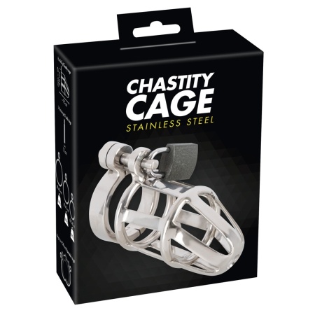 Klatka na penisa Chastity Cage Stainless Steel – stal nierdzewna, zamek kłódkowy, 3 pierścienie bazowe, długość 9,5 cm - 1