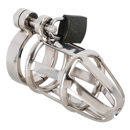 Klatka na penisa Chastity Cage Stainless Steel – stal nierdzewna, zamek kłódkowy, 3 pierścienie bazowe, długość 9,5 cm - 3