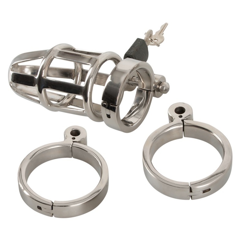 Klatka na penisa Chastity Cage Stainless Steel – stal nierdzewna, zamek kłódkowy, 3 pierścienie bazowe, długość 9,5 cm - 4