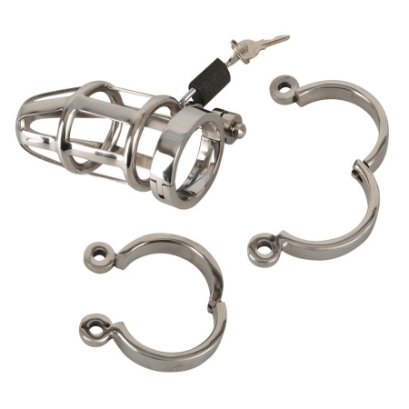 Klatka na penisa Chastity Cage Stainless Steel – stal nierdzewna, zamek kłódkowy, 3 pierścienie bazowe, długość 9,5 cm - 7