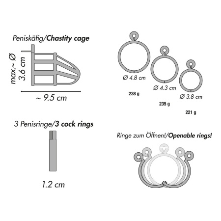 Klatka na penisa Chastity Cage Stainless Steel – stal nierdzewna, zamek kłódkowy, 3 pierścienie bazowe, długość 9,5 cm - 10
