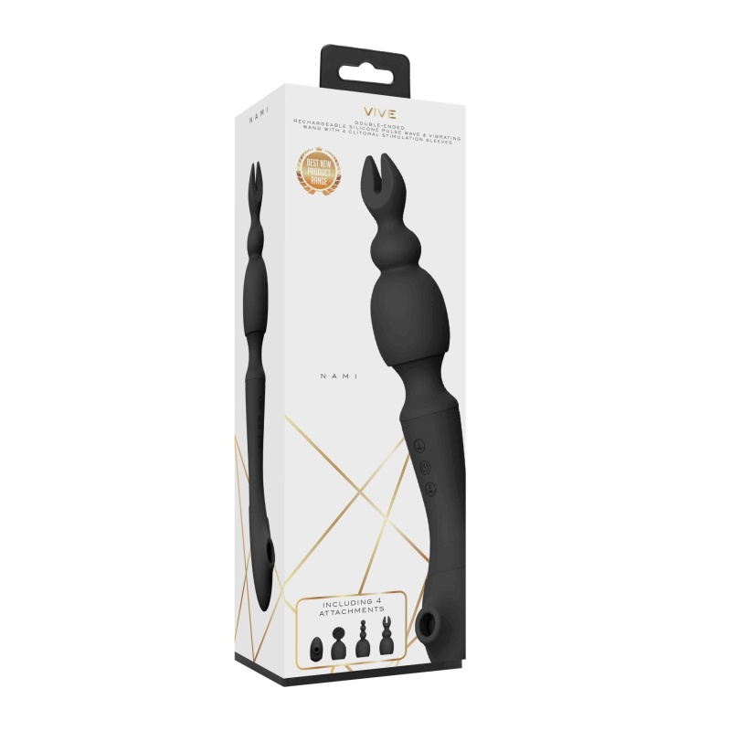 Stymulator dwustronny NAMI Black z falą powietrzną i 2 silnikami NG F1, 4 końcówki, 21,8 cm - 8