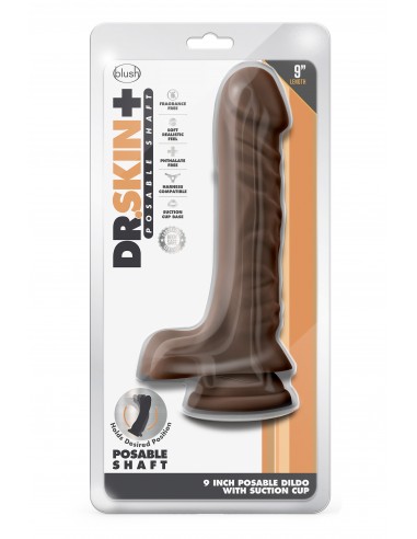 DR. SKIN PLUS 9 INCH POSABLE DILDO WITH BALLS CHOCOLATE