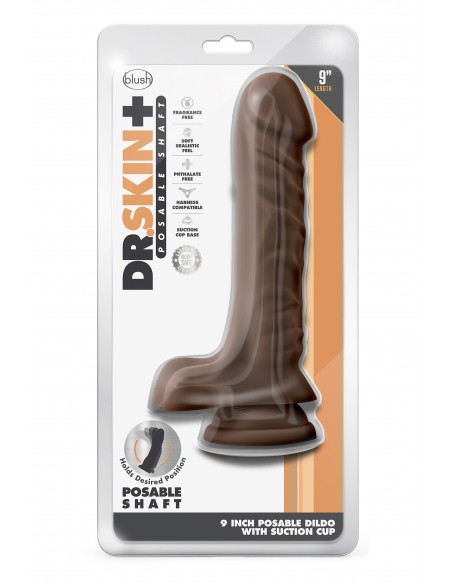 DR. SKIN PLUS 9 INCH POSABLE DILDO WITH BALLS CHOCOLATE