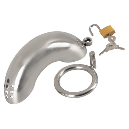 Klatka na penisa Curved ze stali nierdzewnej, zakrzywiona, z zamkiem, 13,5 cm, średnica pierścienia 4,4 cm - 7