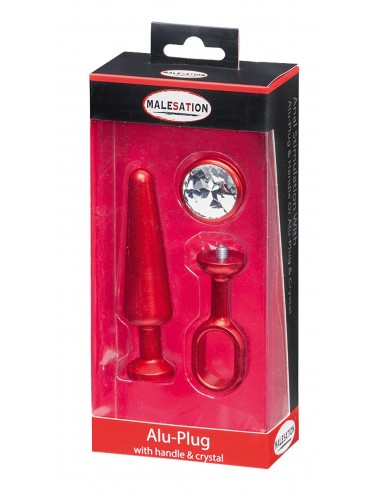MALESATION Alu-Plug with handle & crystal medium, red