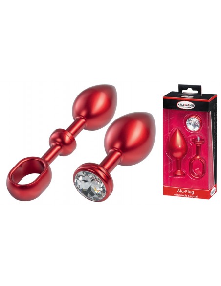 MALESATION Alu-Plug with handle & crystal large, red