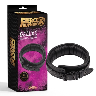 Obroża BDSM Deluxe Leather Collar — regulowany pas z tworzywa PU z metalową klamrą i wyściełaniem wewnętrznym, obwód dopasowywan - 1