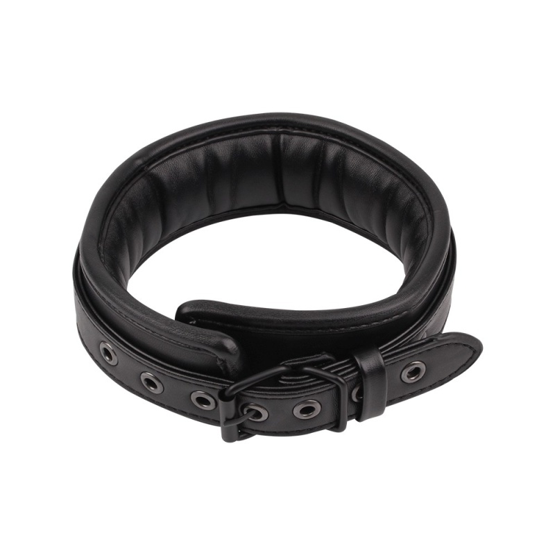 Obroża BDSM Deluxe Leather Collar — regulowany pas z tworzywa PU z metalową klamrą i wyściełaniem wewnętrznym, obwód dopasowywan - 2
