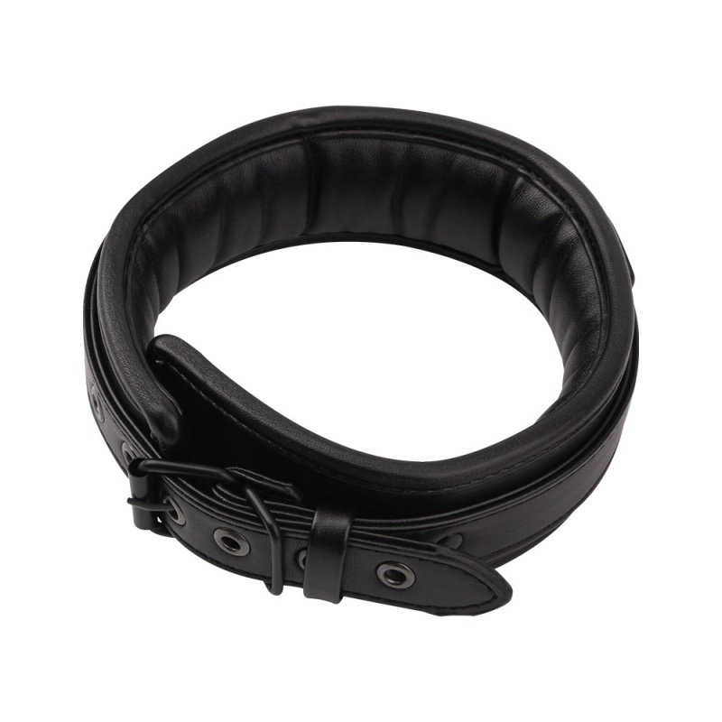 Obroża BDSM Deluxe Leather Collar — regulowany pas z tworzywa PU z metalową klamrą i wyściełaniem wewnętrznym, obwód dopasowywan - 4
