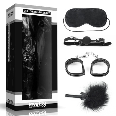 Zestaw Bondage Deluxe 4-elementowy Czarny - Kajdanki, Knebel Silikonowy 4 cm, Opaska Satynowa, Piórko 15 cm - 1