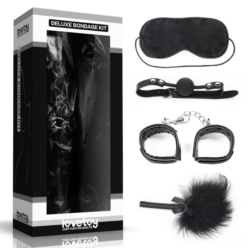 Zestaw Bondage Deluxe 4-elementowy Czarny - Kajdanki, Knebel Silikonowy 4 cm, Opaska Satynowa, Piórko 15 cm - 1