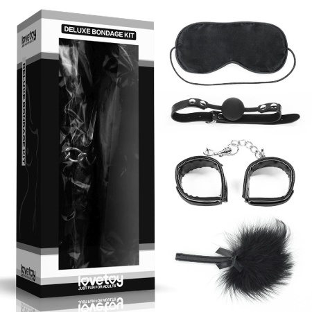 Zestaw Bondage Deluxe 4-elementowy Czarny - Kajdanki, Knebel Silikonowy 4 cm, Opaska Satynowa, Piórko 15 cm - 1