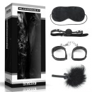 Zestaw Bondage Deluxe 4-elementowy Czarny - Kajdanki, Knebel Silikonowy 4 cm, Opaska Satynowa, Piórko 15 cm - 1