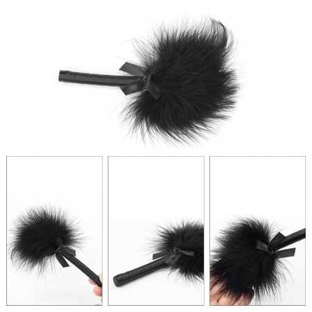 Zestaw Bondage Deluxe 4-elementowy Czarny - Kajdanki, Knebel Silikonowy 4 cm, Opaska Satynowa, Piórko 15 cm - 2